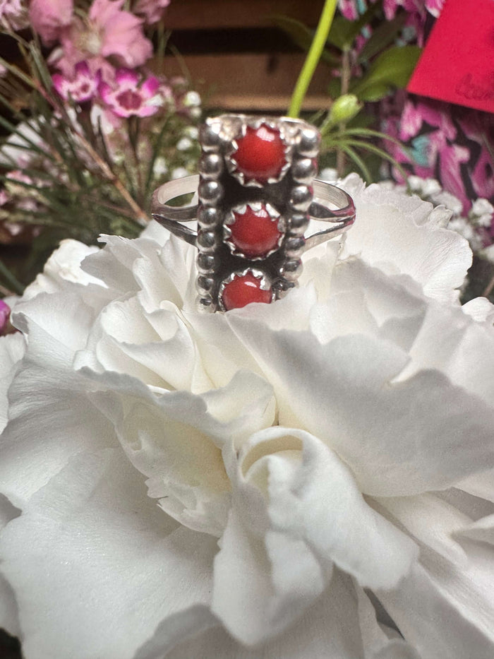 3 Stone Red Coral Vertical Sterling Silver Ring