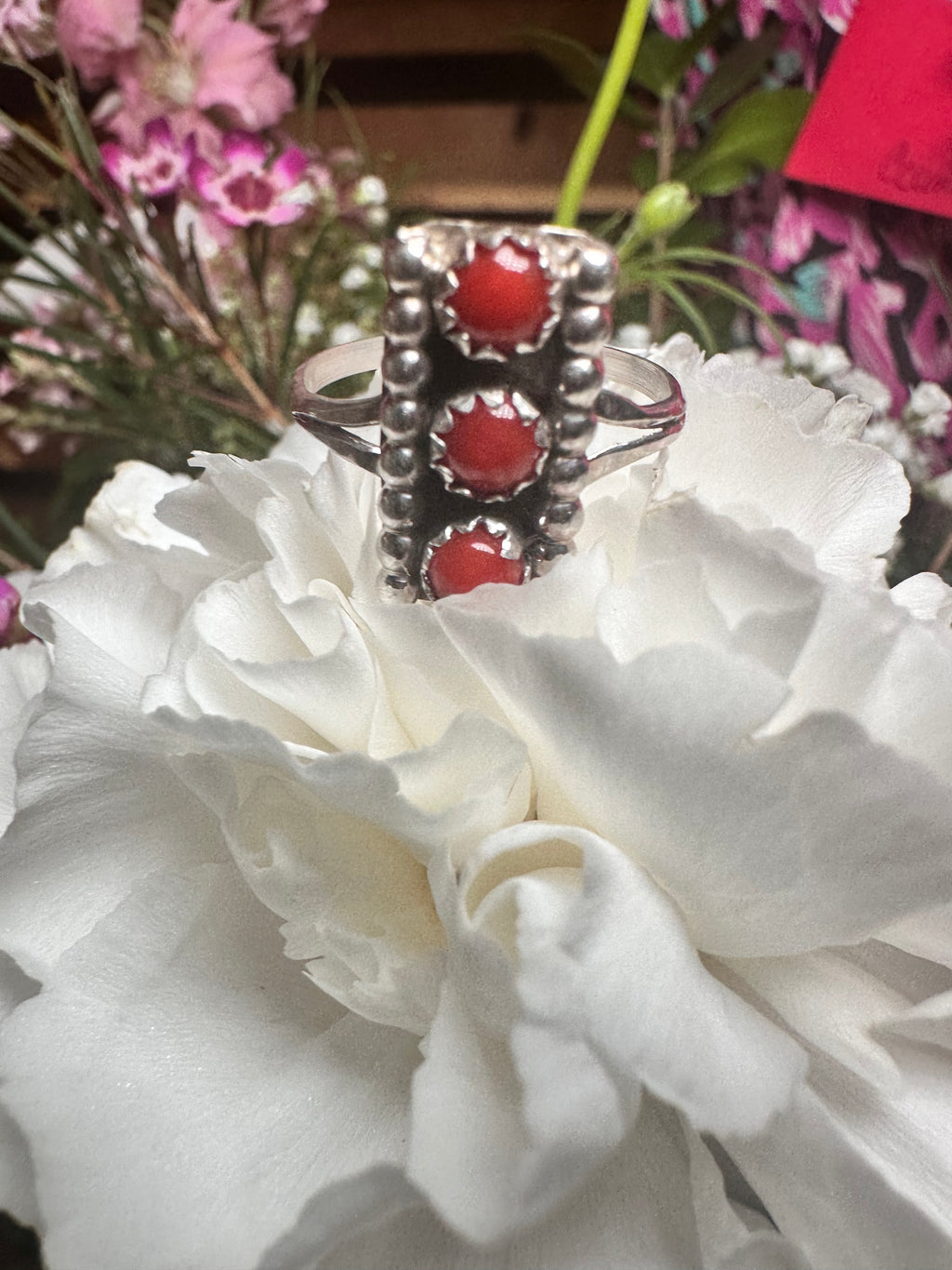 3 Stone Red Coral Vertical Genuine Sterling Silver Ring size 6.5