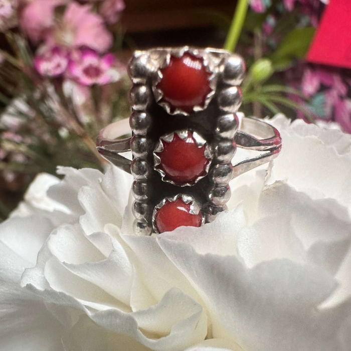 3 Stone Red Coral Vertical Sterling Silver Ring