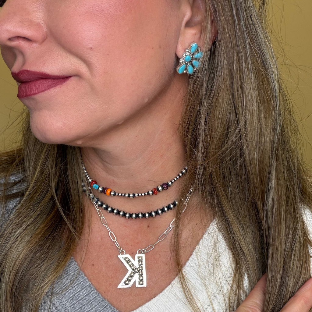 Dainty Zuni Kingman Turquoise Half Cluster Post Sterling Silver Earring - Country Lace Boutique