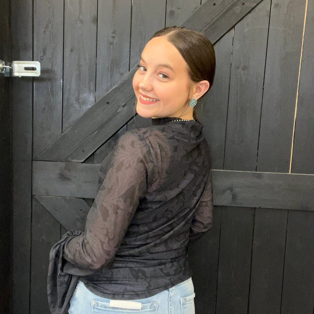Tooled In Black With Ruffle Sleeve Mesh Long sleeve Top