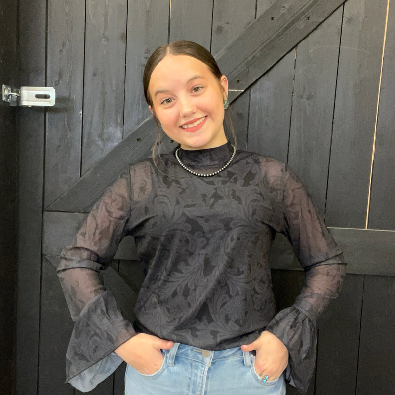 Tooled In Black With Ruffle Sleeve Mesh Long sleeve Top