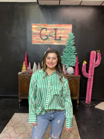 Green and White Striped Satin Button Down Long Sleeve Top