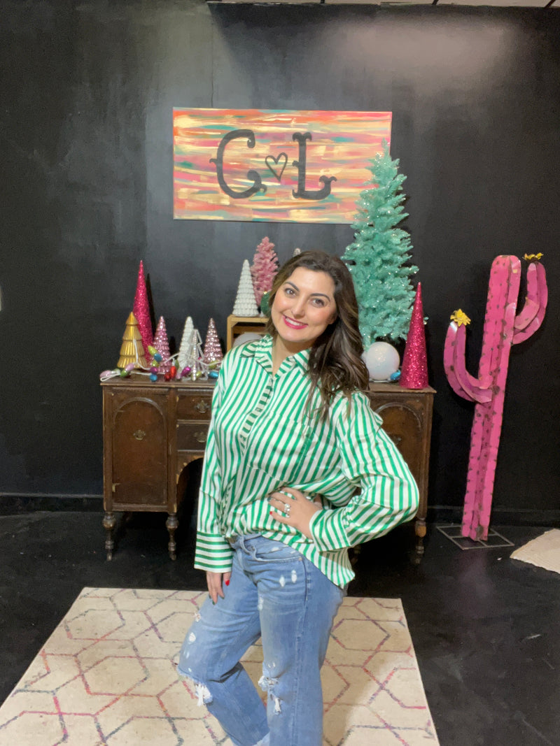 Green and White Striped Satin Button Down Long Sleeve Top