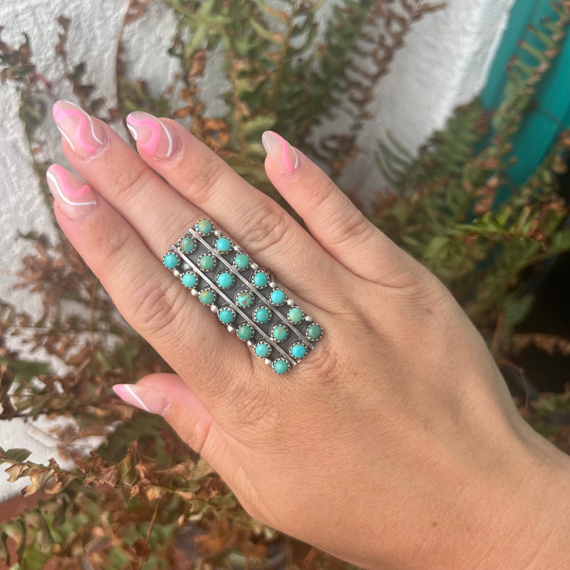 21 Stone Turquoise Rectangle Genuine Ring size 8