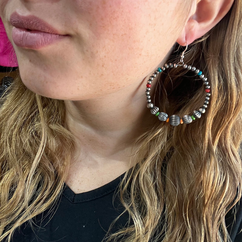 Fancy Pearl Multistone Round Hoop Navajo Genuine Earring