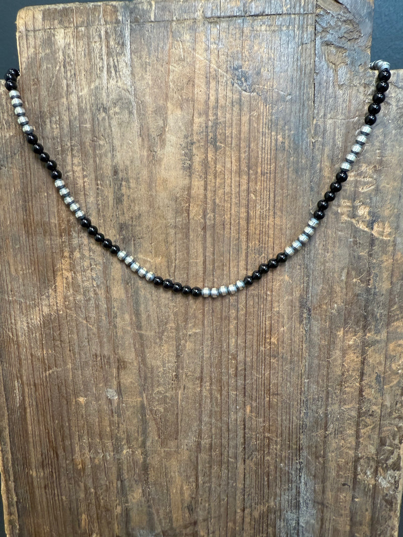 16 inch 4mm Navajo Pearl & Black Onyx Patterned Sterling Silver Necklace