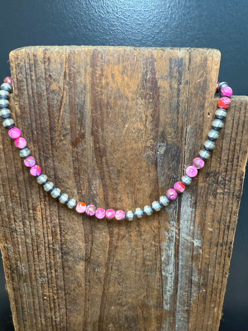 14 inch 6mm Navajo Pearl with Pink Dahlia Sterling Silver Necklace