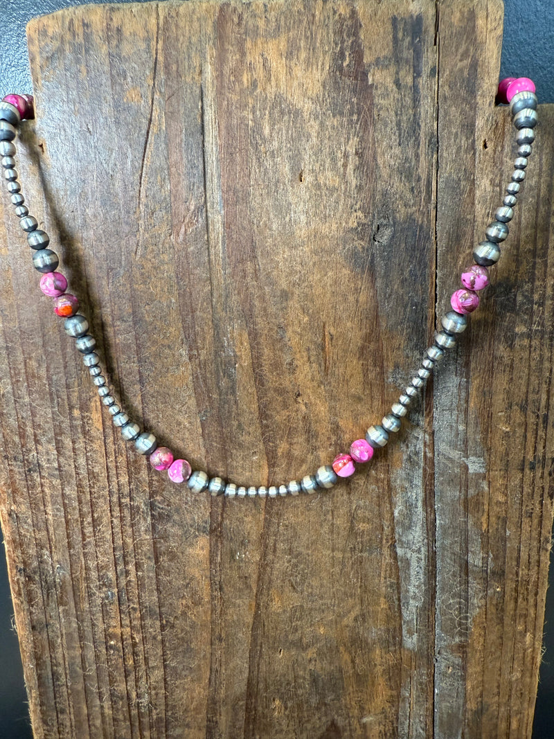 16 inch 3,5,6 mm Navajo Pearl with Pink Dahlia Patterned Sterling Silver Necklace