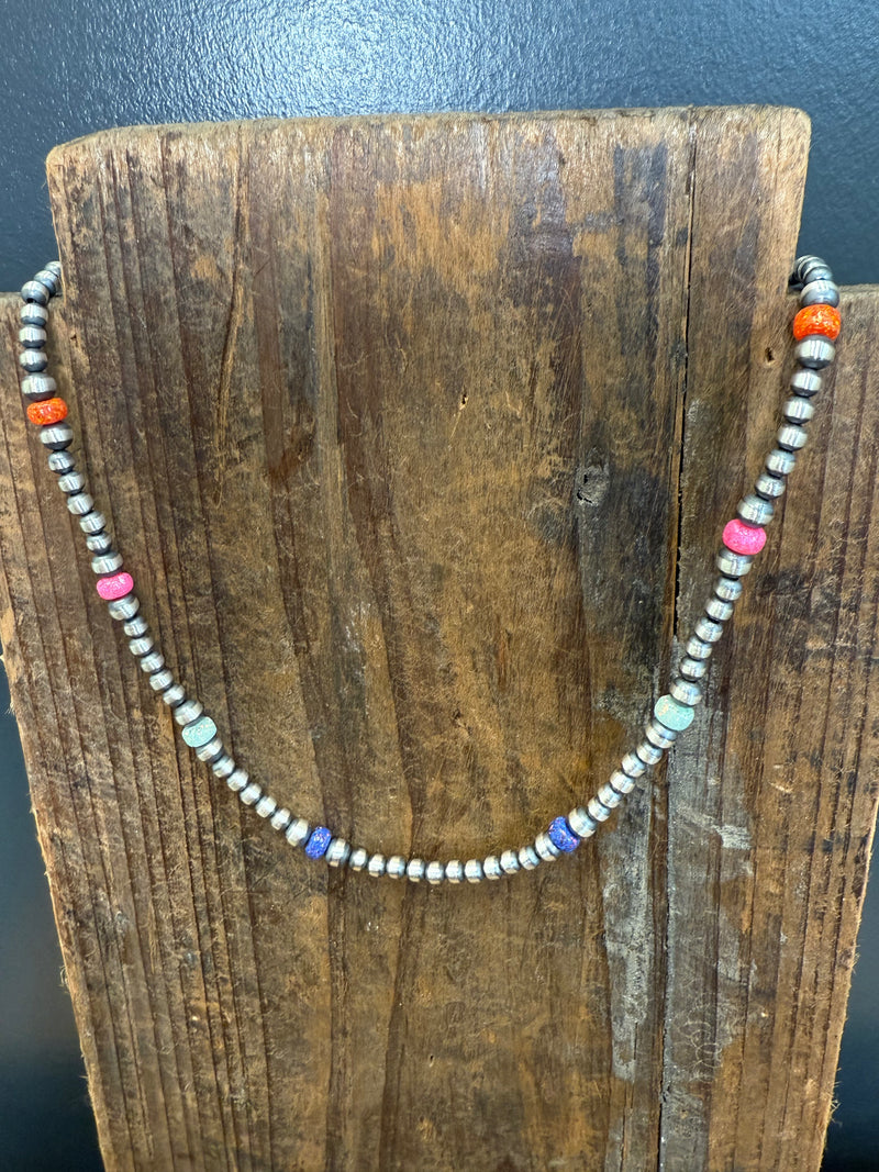 Simple 16 inch Patterned 4,5mm Navajo Pearl w/ Multi Colored Opal Sterling Silver Necklace