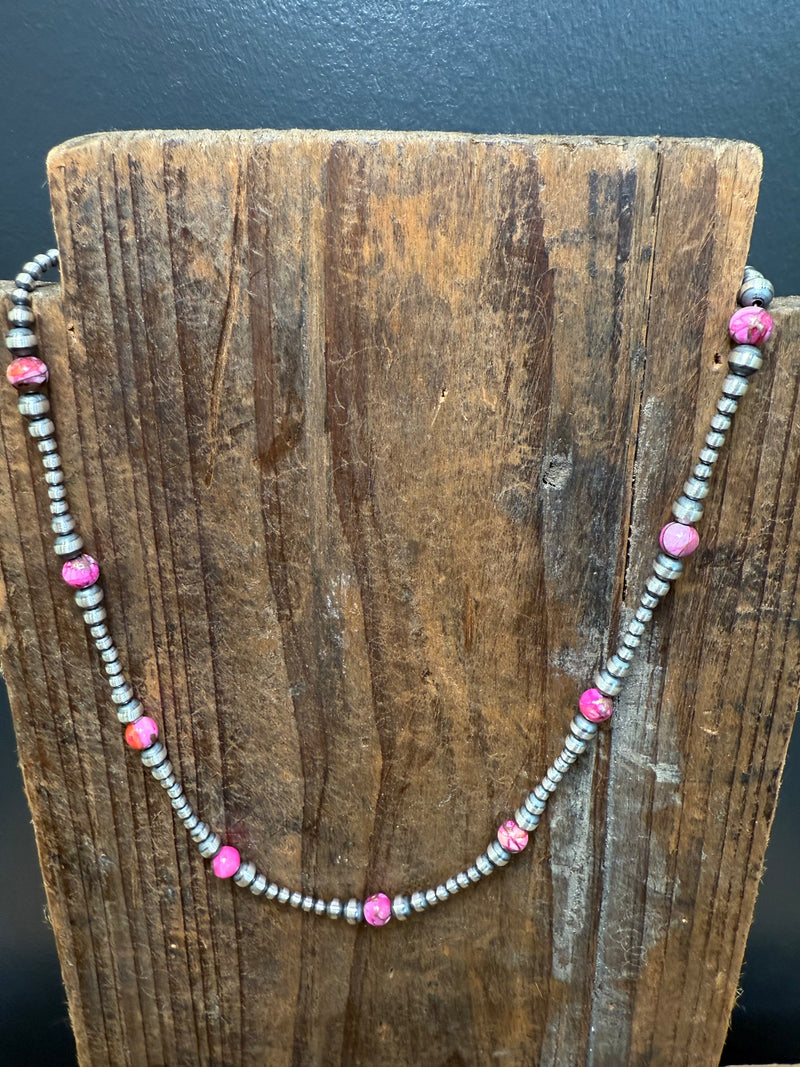 18 inch 3,4,5 mm Navajo Pearl with Pink Dahlia Patterned Sterling Silver Necklace