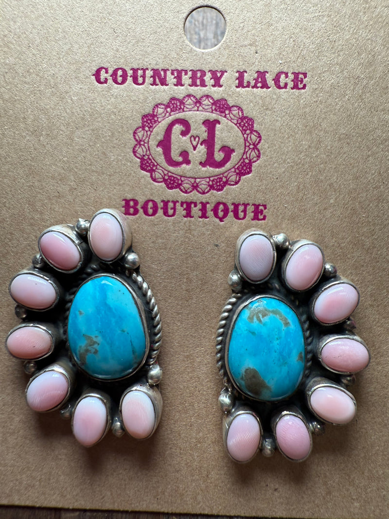 Pink Conch & Kingman Turquoise Half Cluster Post Sterling Silver Earring