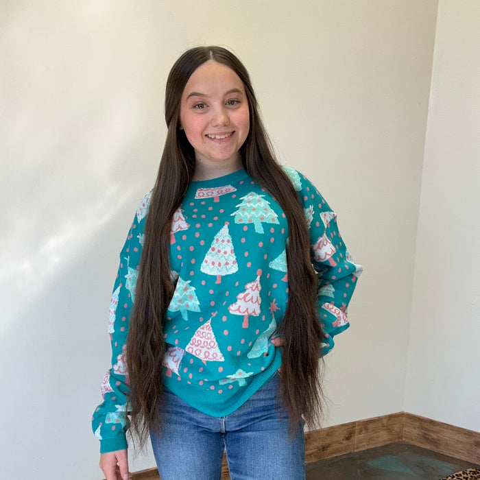 Turquoise Christmas Tree Long Sleeve Sweater