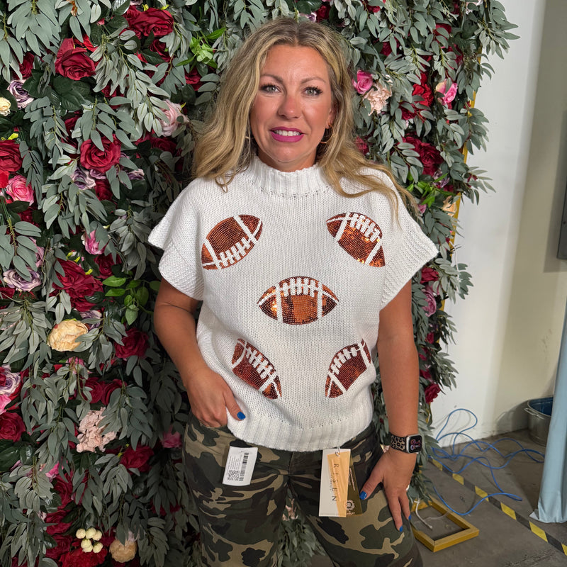 BiBi Gameday Sequin Football Patches Rib Banded Sweater