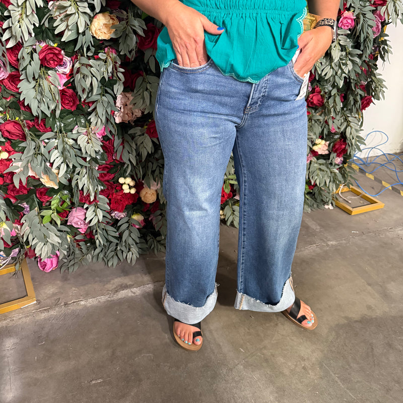 RISEN Full Size Tummy Control High Rise Crop Wide Cuffed Jeans Plus Size