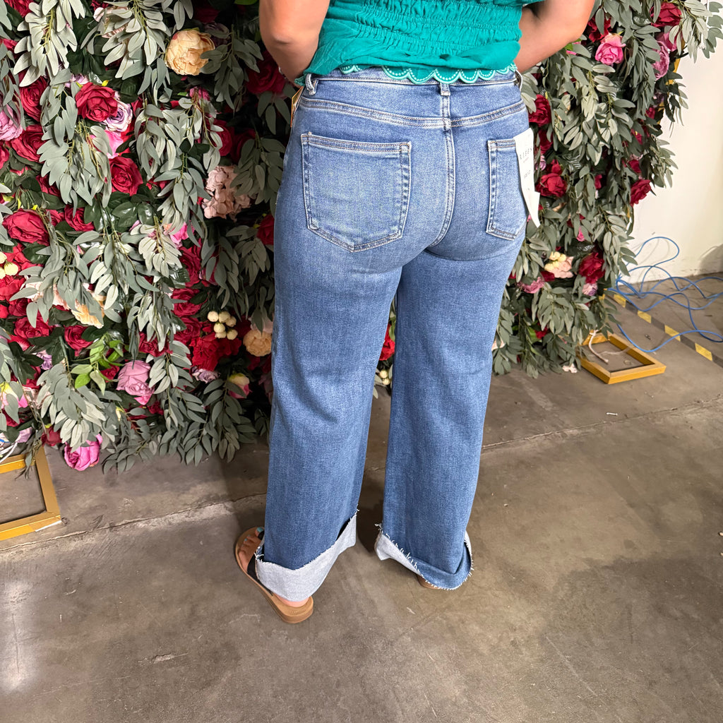 RISEN Full Size Tummy Control High Rise Crop Wide Cuffed Jeans Plus Size