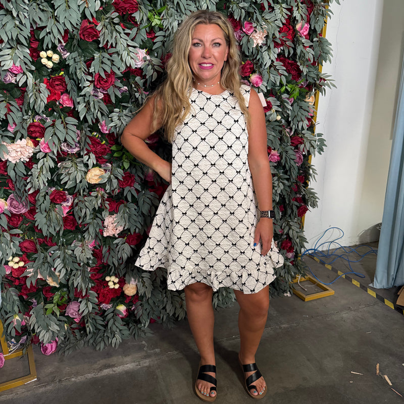 SO ME Texture Bow Printed Mini Ruffle Dress