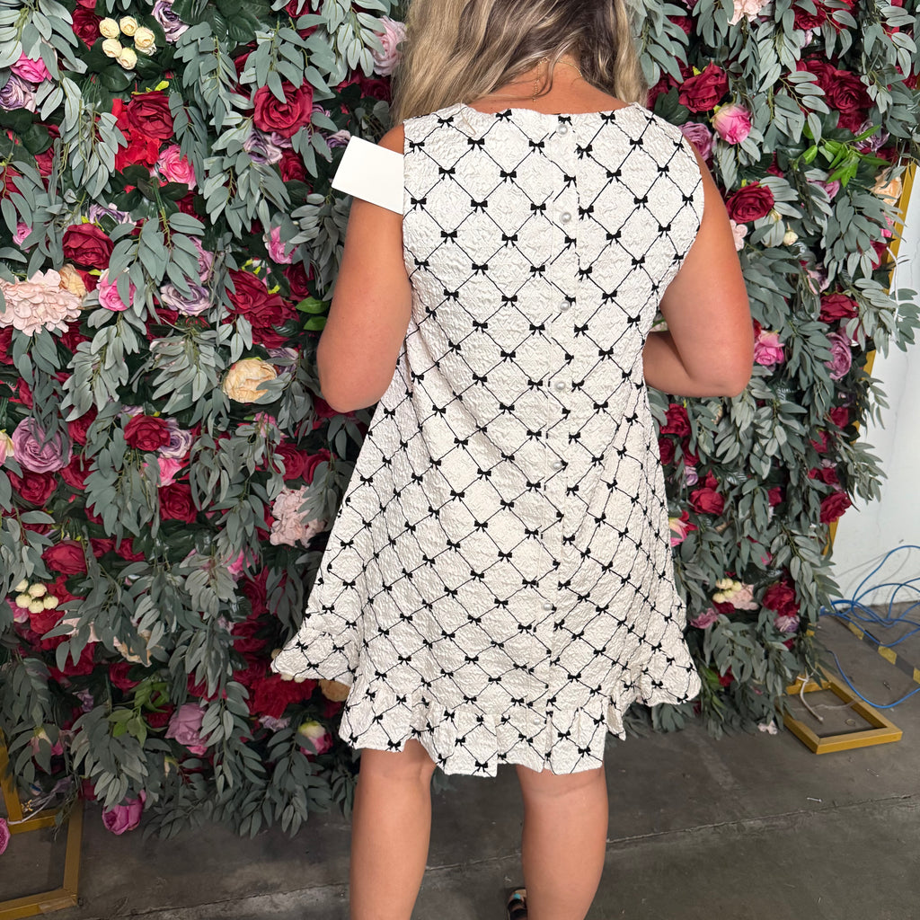 SO ME Texture Bow Printed Mini Ruffle Dress