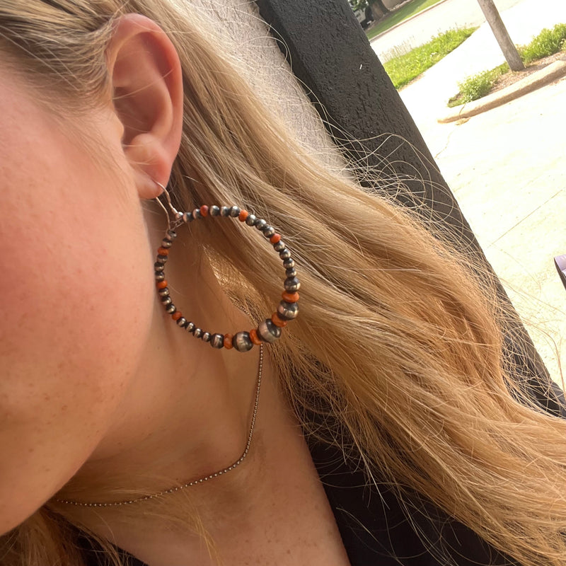 Orange Spiny Patterned Navajo Pearl Hoop Genuine Earring