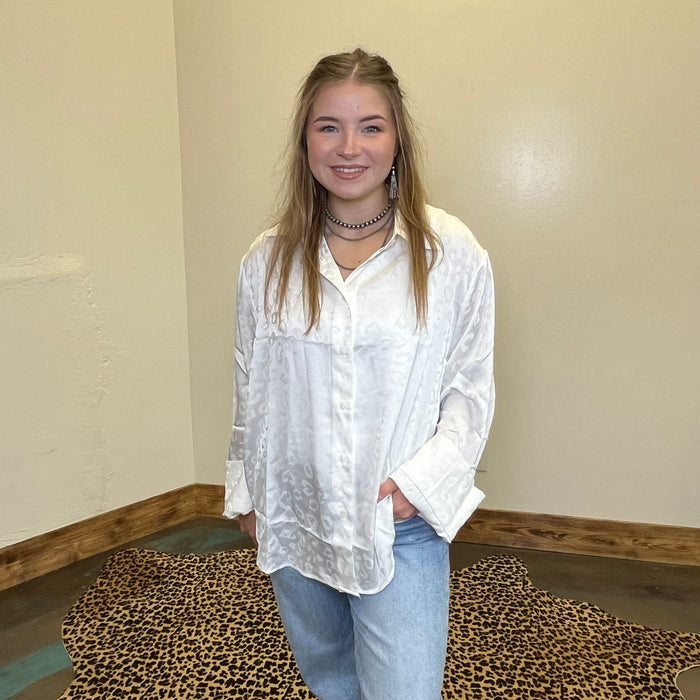 Silky White Leopard Long Sleeve Button Up Top