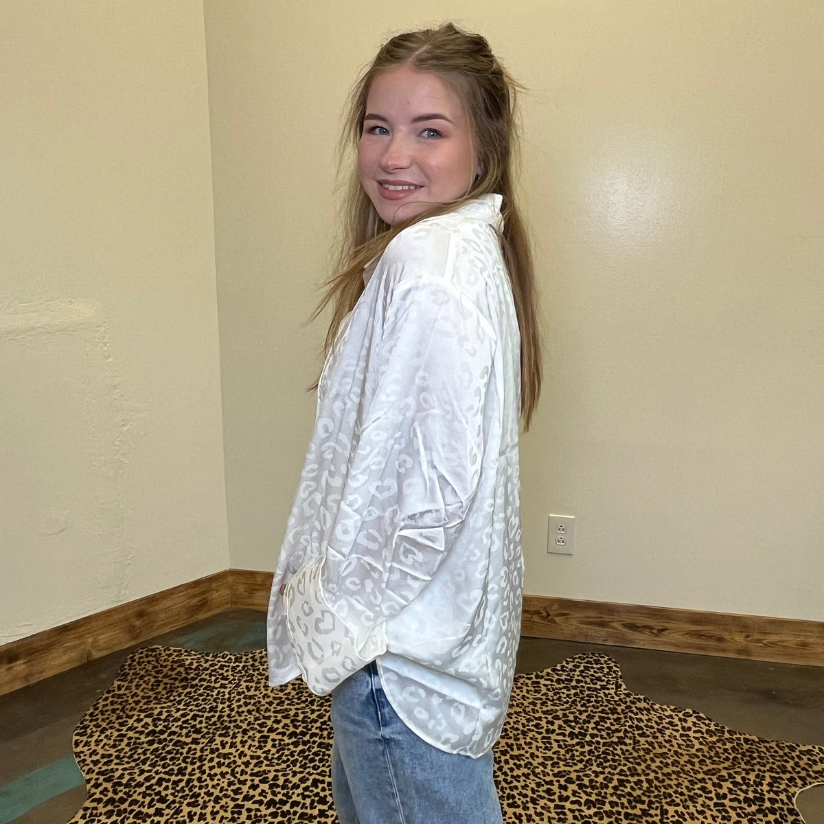 Silky White Leopard Long Sleeve Button Up Top
