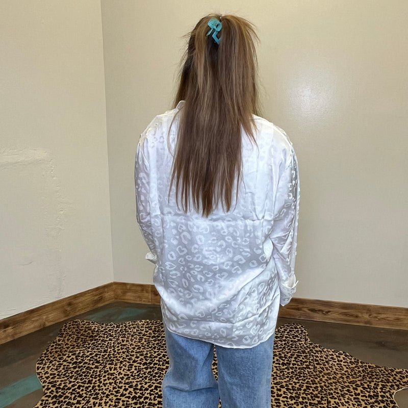 Silky White Leopard Long Sleeve Button Up Top