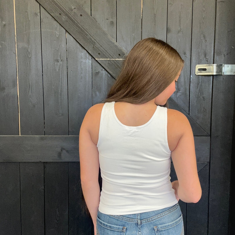 White Ribbed Tank Top with Built in Bra