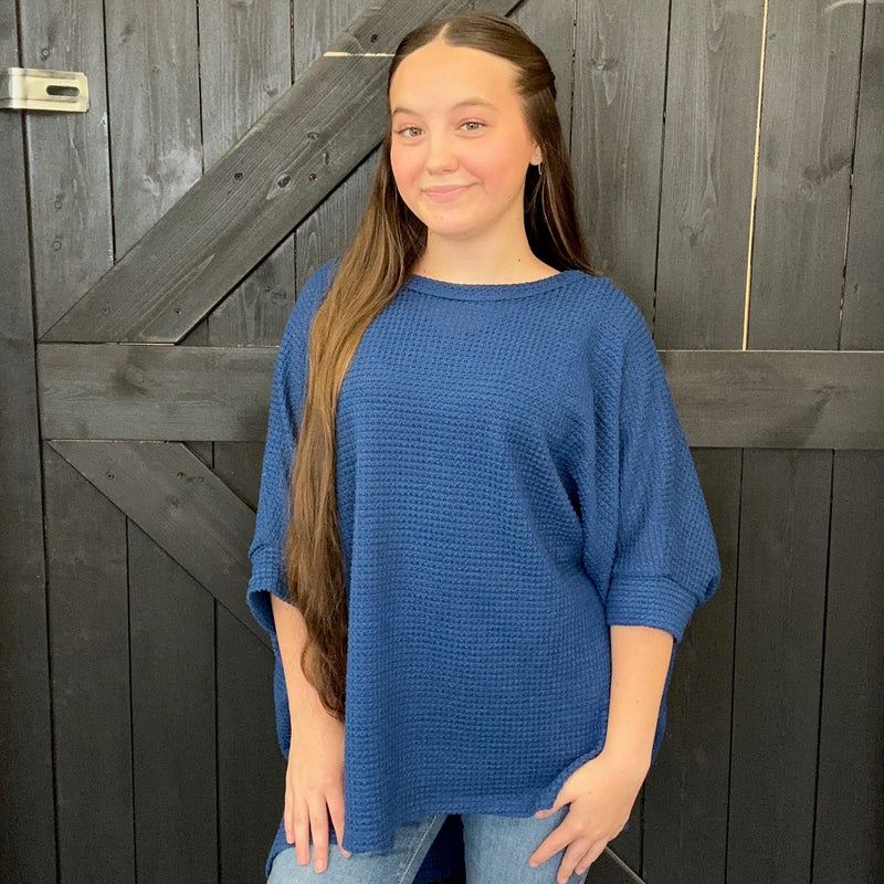 Navy Waffle Dolman Short Sleeve Top