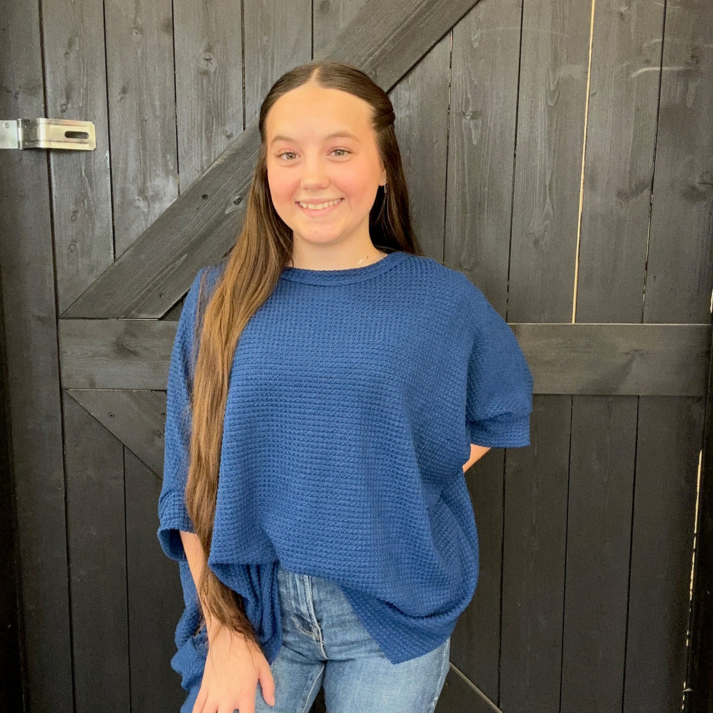 Navy Waffle Dolman Short Sleeve Top