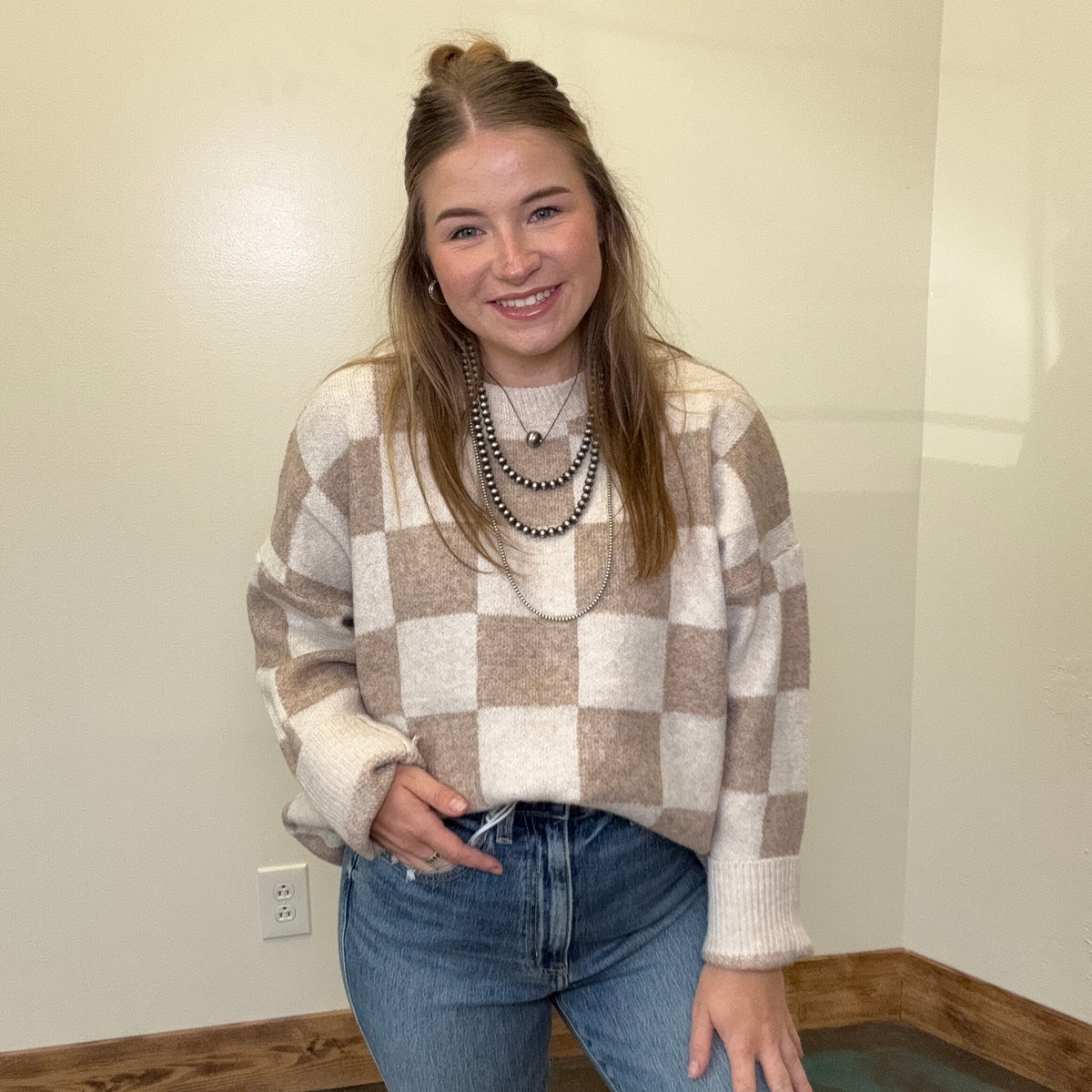 tan checkered sweater