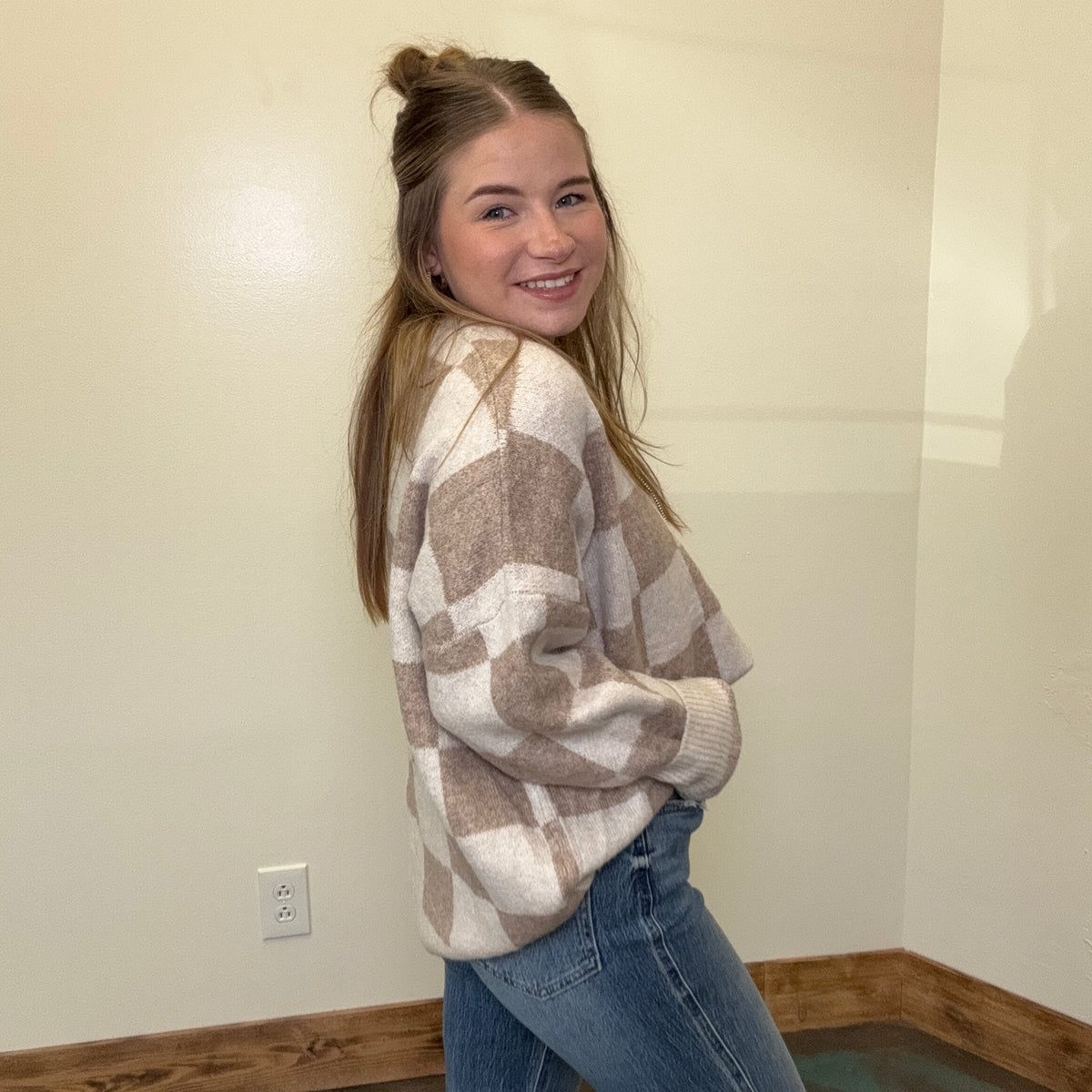 tan checkered sweater