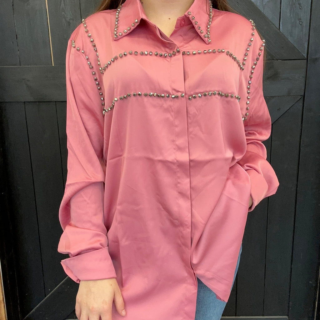 Pink Silky Studded Long Sleeve Button Top