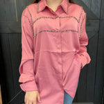 Pink Silky Studded Long Sleeve Button Top