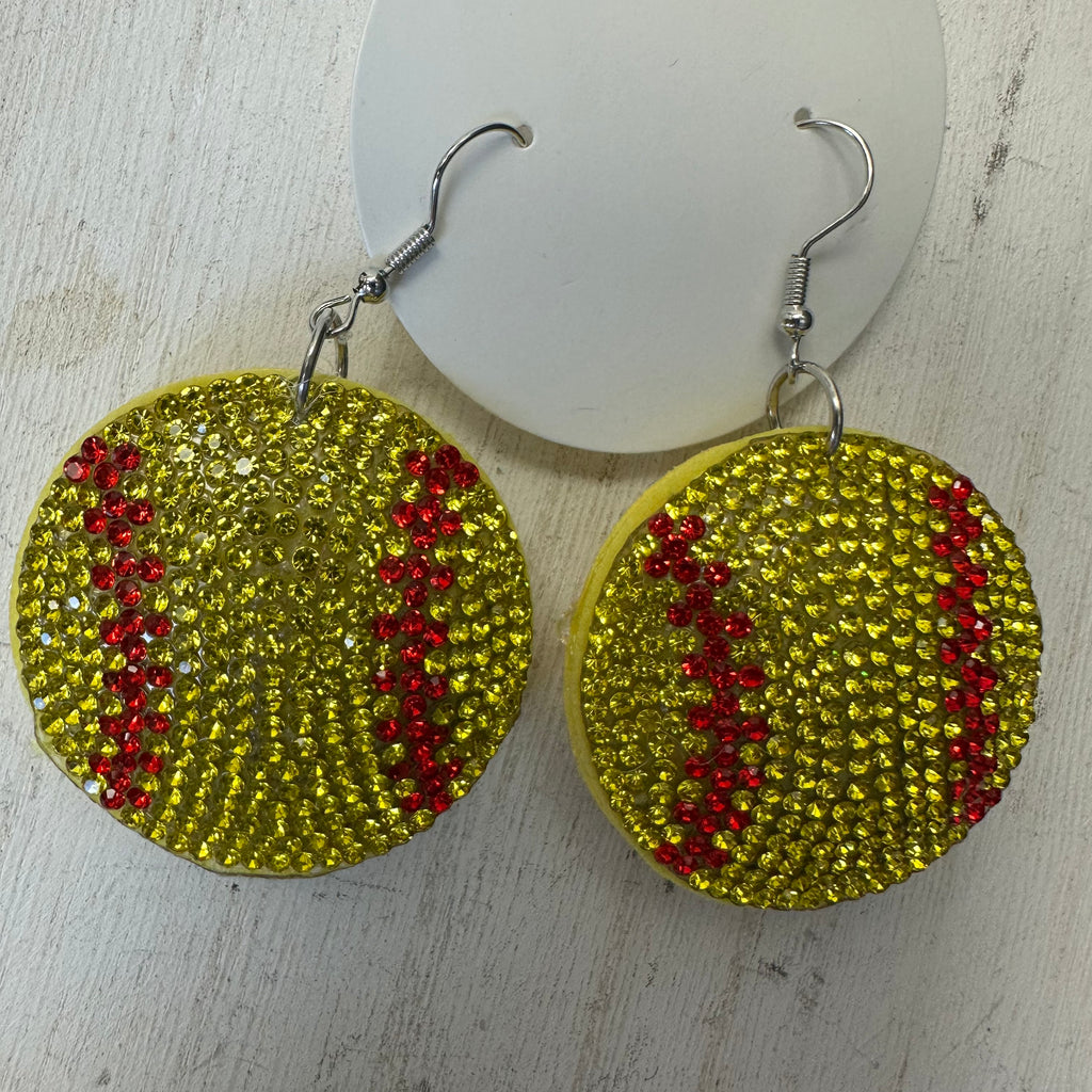 Gold and red rhinestone softball earrings 