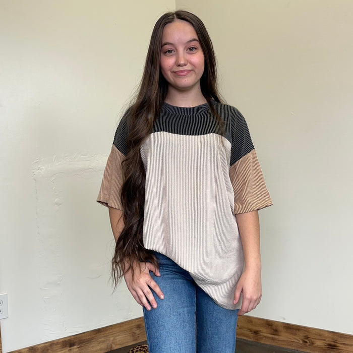 olivegreentanribbedshortsleevetop