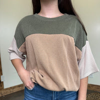 olivegreentanribbedshortsleevetop