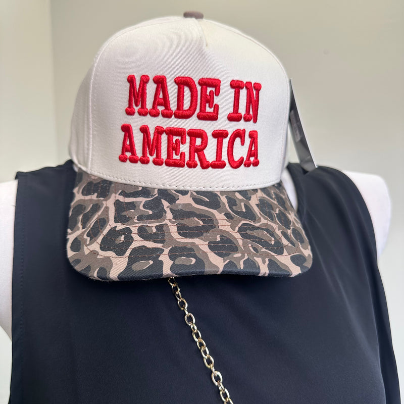 Cap with 'MADE IN AMERICA' leopard trucker