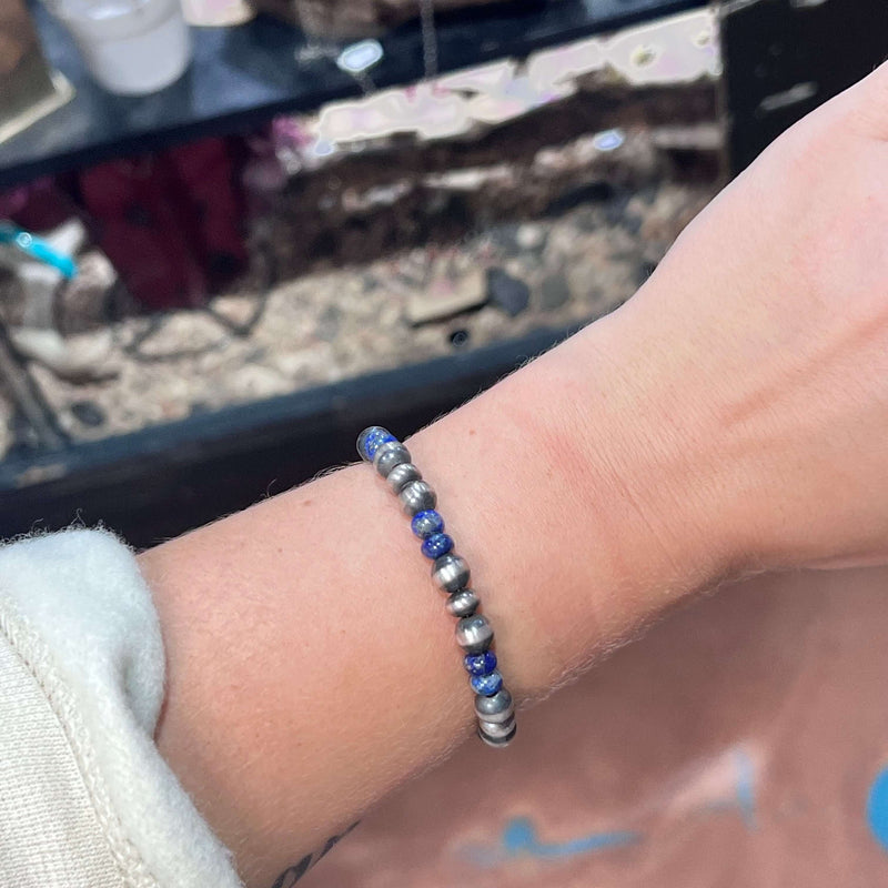 Lapis & Navajo Pearl Stretchy Patterned Genuine Bracelet.