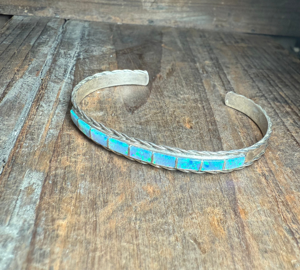 Light Blue Opal Inlay with Sterling Silver Detail Cuff Genuine Bracelet