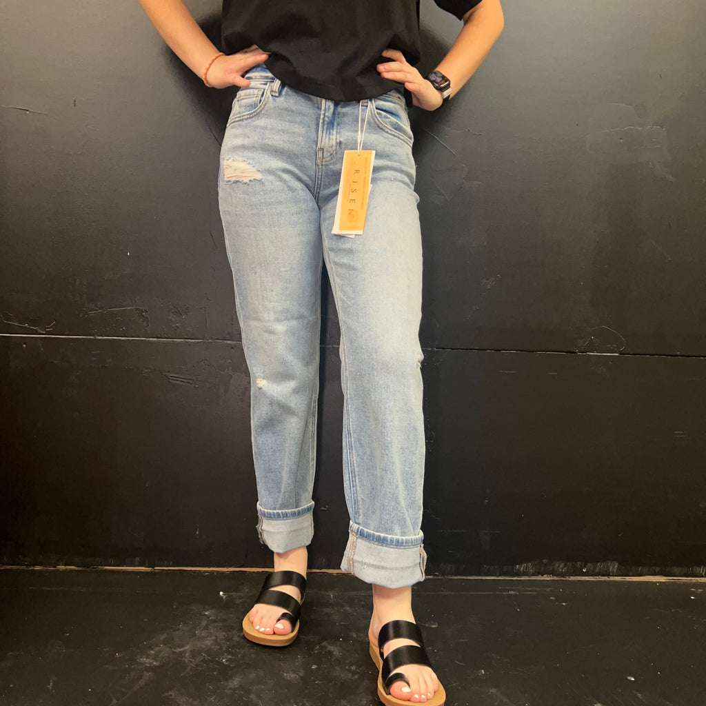 Light Wash Mid Rise Ankle Boyfriend Distressed Risen Jeans66