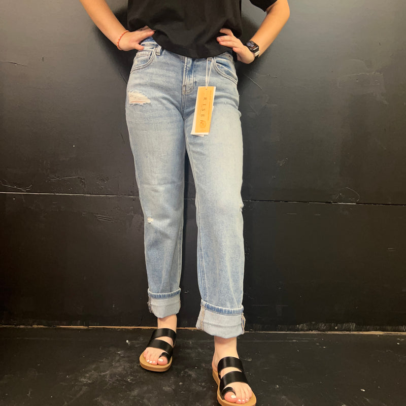 Light Wash Mid Rise Ankle Boyfriend Distressed Risen Jeans66