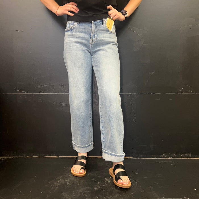 Light Wash Mid Rise Ankle Boyfriend Turn Cuffed Risen Jeans