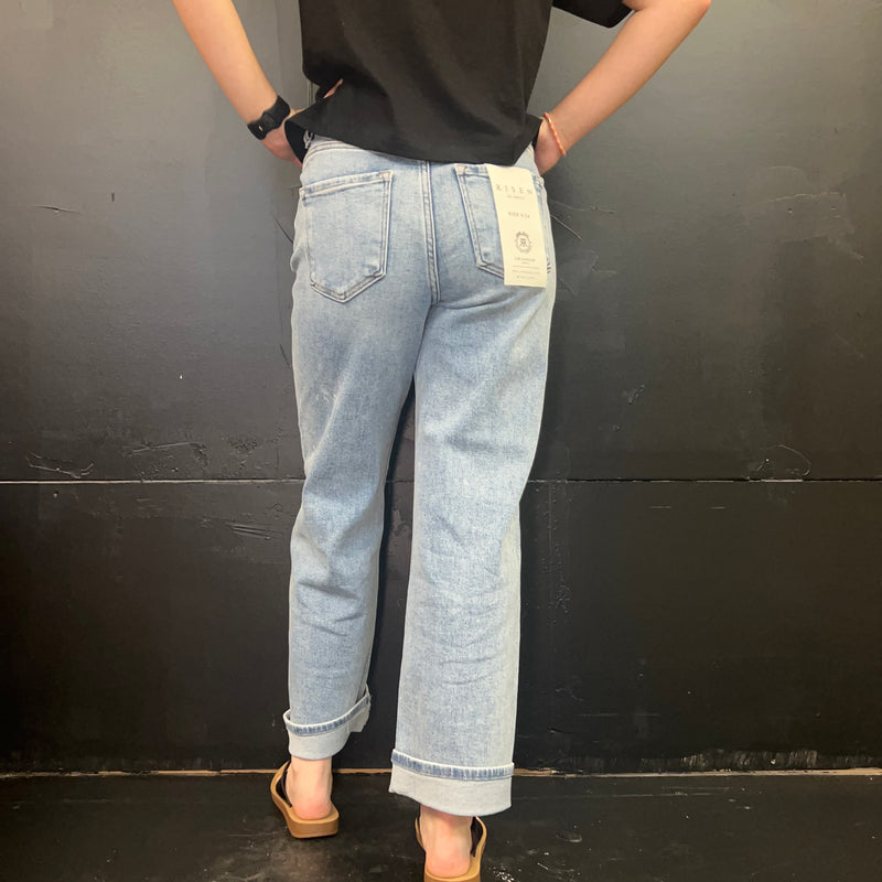 Light Wash Mid Rise Ankle Boyfriend Turn Cuffed Risen Jeans