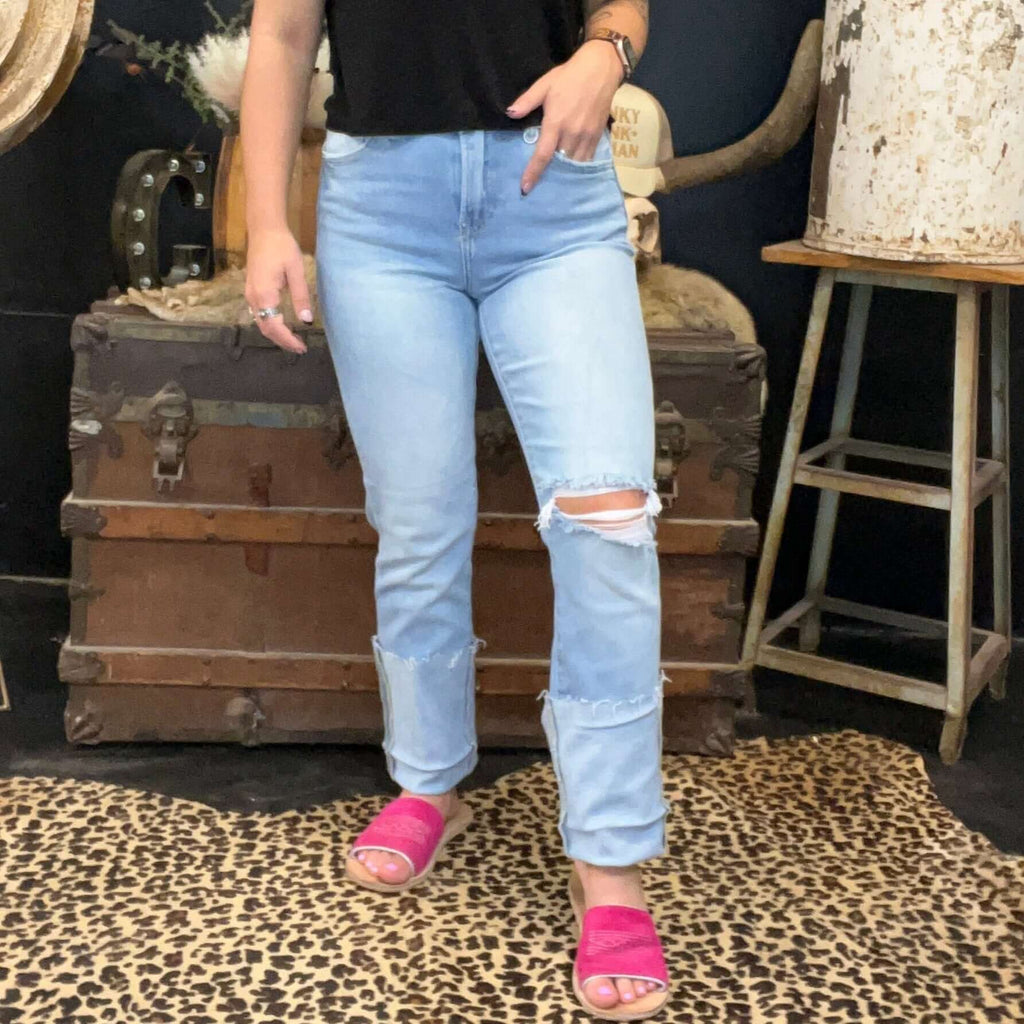 Lightwash High Rise Distressed Knee Straight-Wide Cuffed Risen Jeans1
