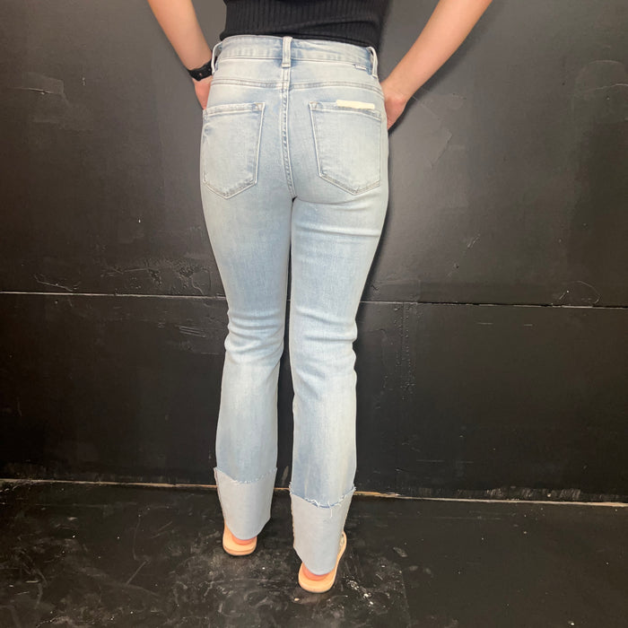 Lightwash High Rise Distressed Knee Straight-Wide Cuffed Risen Jeans777
