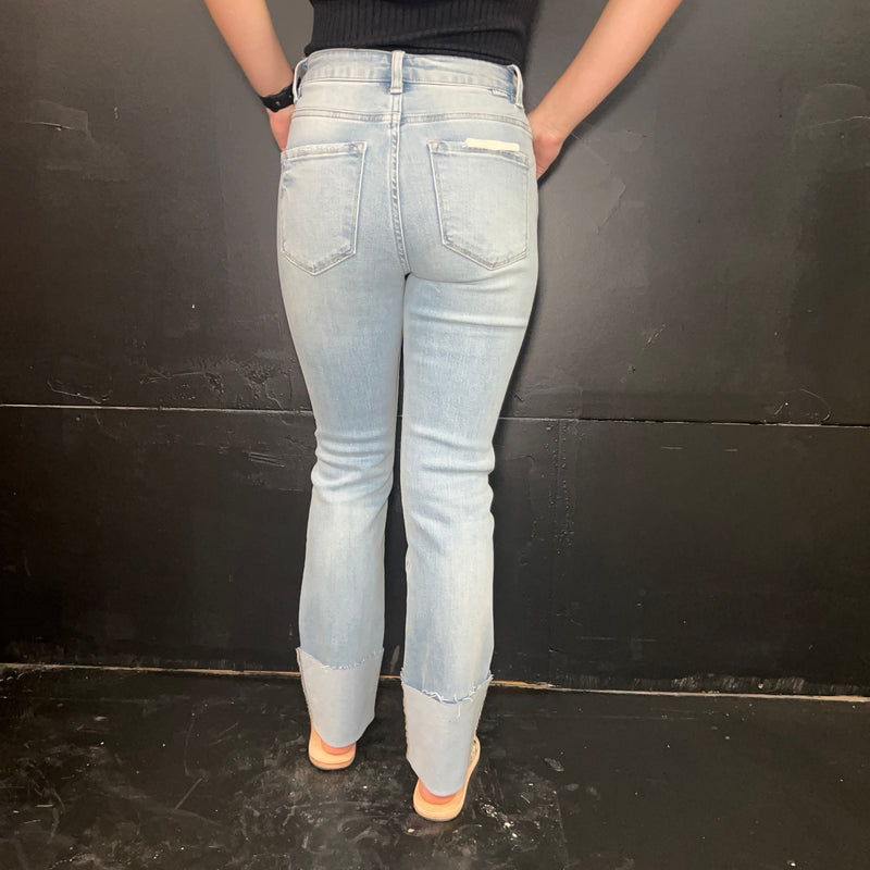 Lightwash High Rise Distressed Knee Straight-Wide Cuffed Risen Jeans777