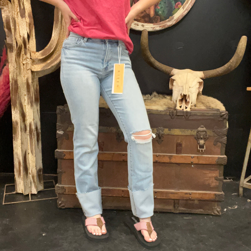Lightwash High Rise Distressed Knee Straight-Wide Cuffed Risen Jeans88