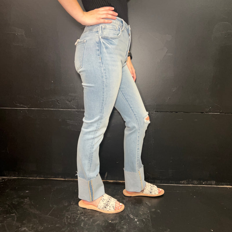 Lightwash High Rise Distressed Knee Straight-Wide Cuffed Risen Jeans99