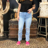 Lightwash High Rise Distressed Knee Straight-Wide Cuffed Risen Jeans
