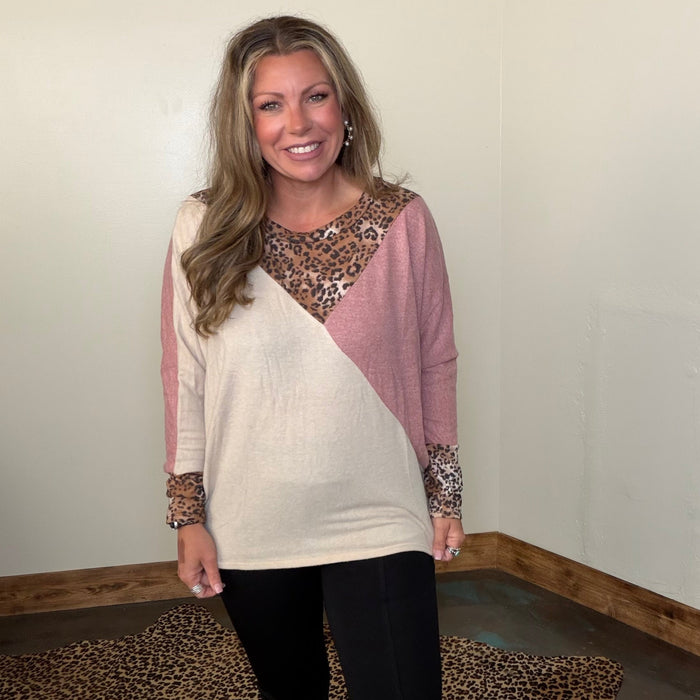 Mauve Tan & Leopard Dolman Long Sleeve Top